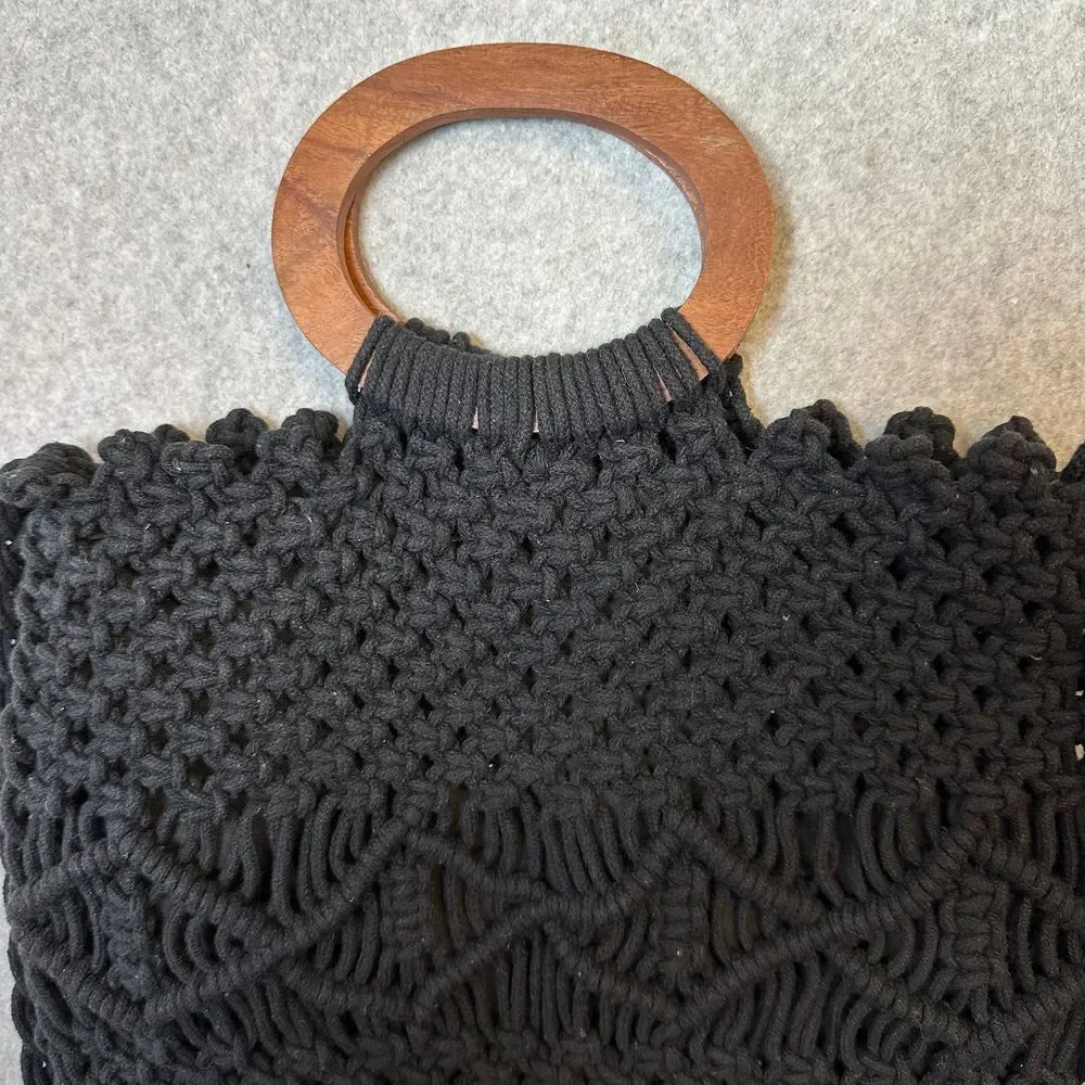 Danielle Nicole Boho Hippie Black Macrame Wooden Handle Crossbody fringe Bag‎
